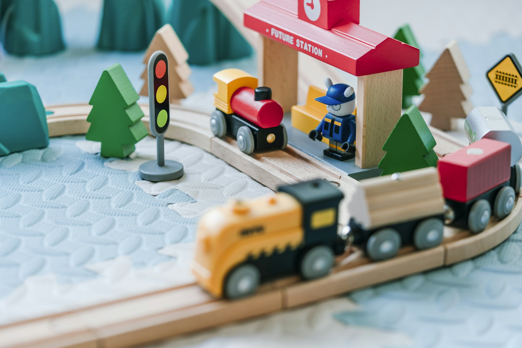 Colourful wooden train set